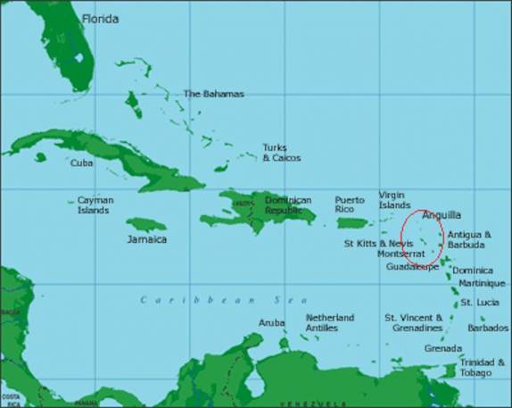 Mapa mostrando onde ficam as pequenas Leeward Islands no Caribe